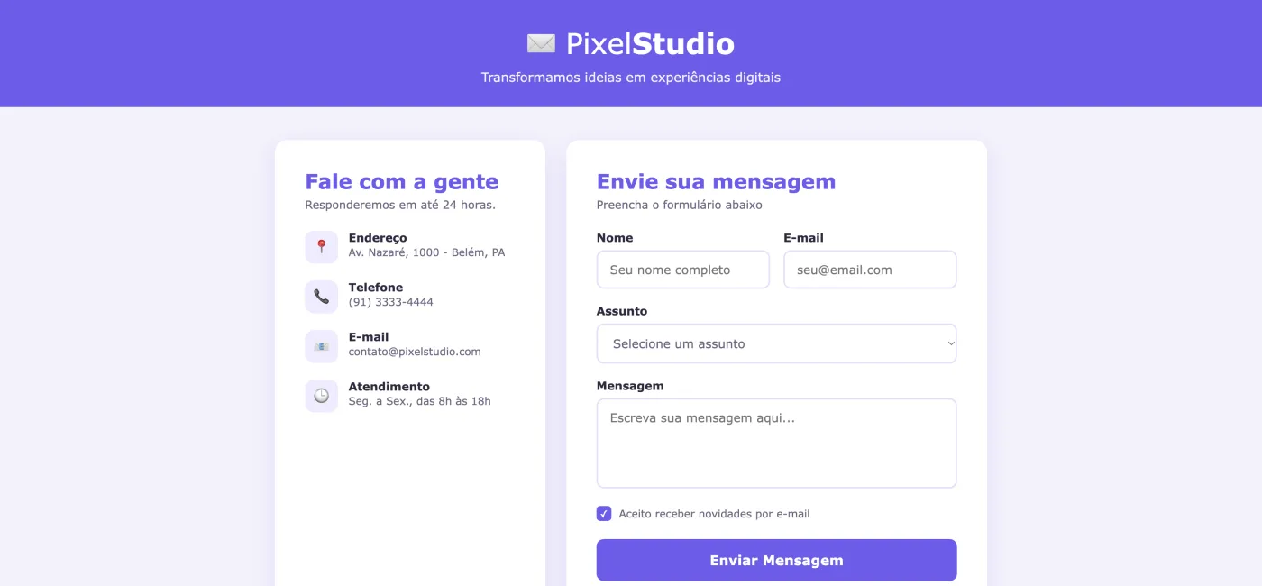 Projeto Formulário de Contato construído no treinamento